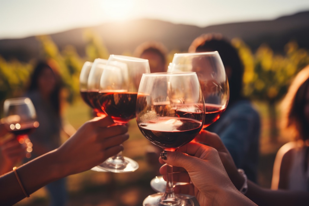 group of people toasting red wine glasses in the vineyards during a Tuscan wine tour